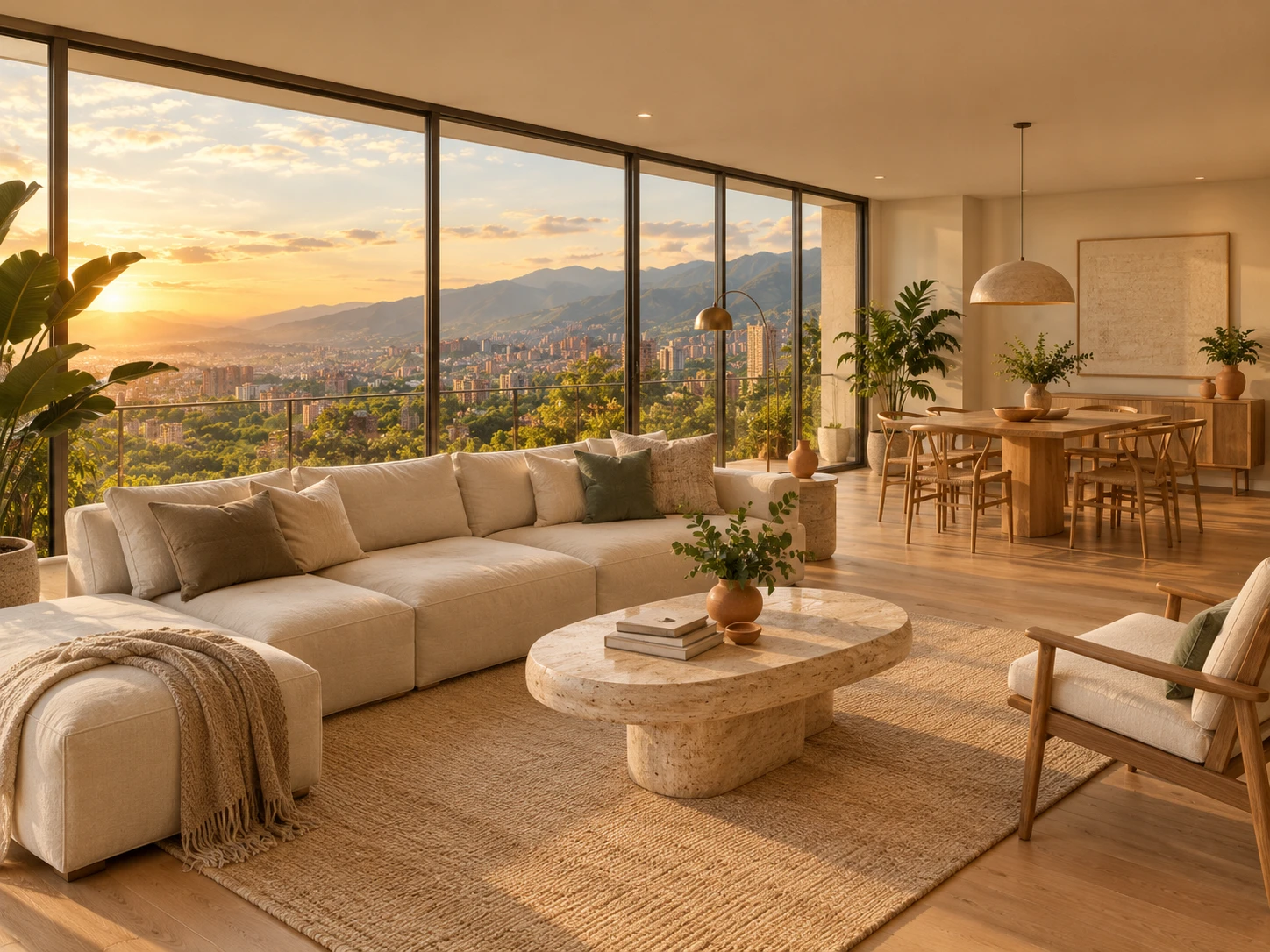 Sala amplia con ventanales de piso a techo y vista a las montañas de Medellín al atardecer