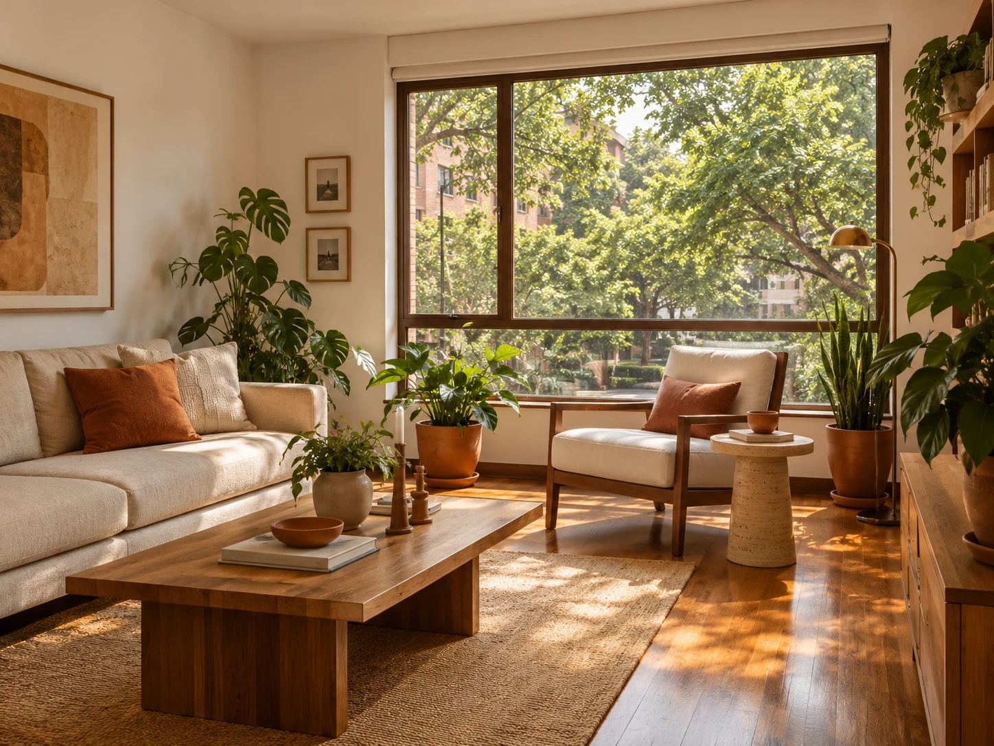 Sala luminosa con piso de madera, plantas y una gran ventana hacia una calle arborizada