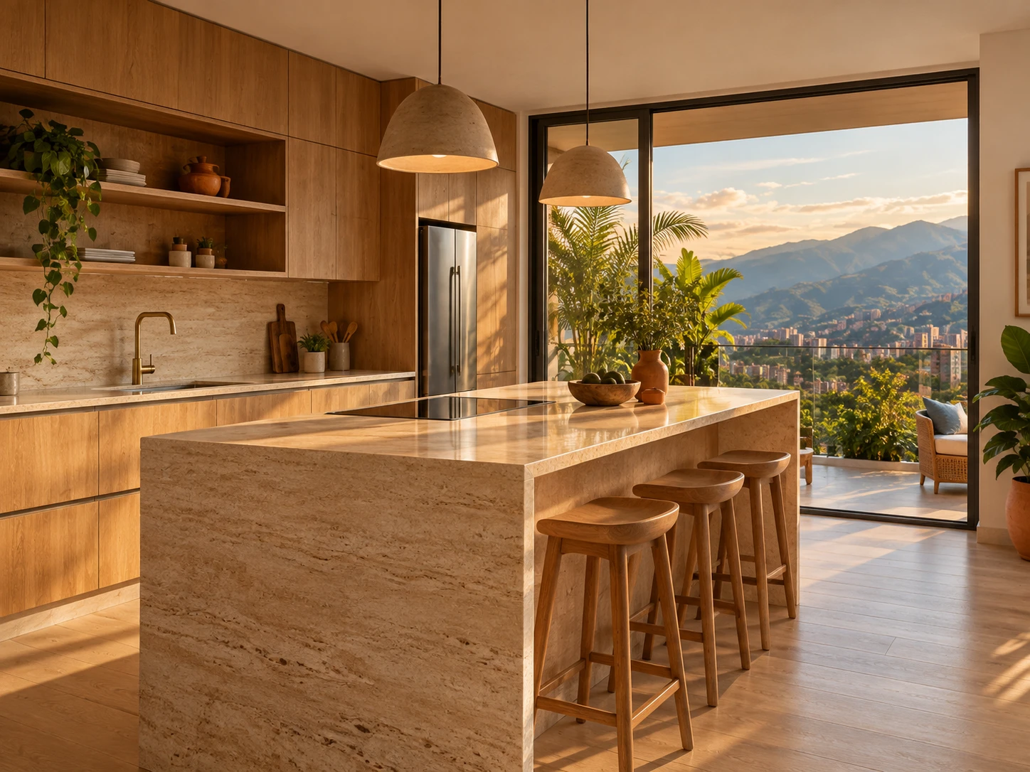 Cocina con isla en piedra, banquetas de madera y salida a un balcón con vista a las montañas